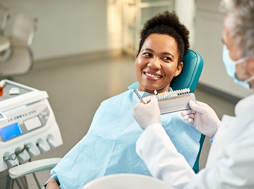 Dentist helping patient pick veneer color